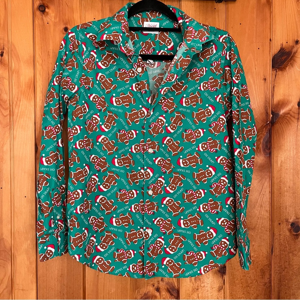 Holiday Green Gingerbread Kids Button Down Shirt